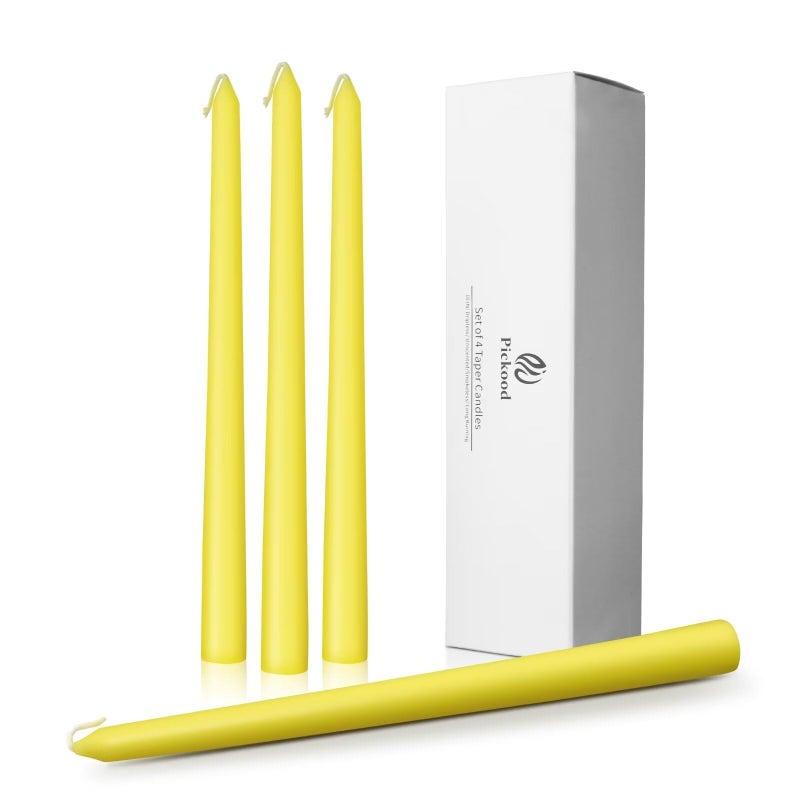 Pickood 10-Inch Tall Dripless Taper Candles Set of 4 - Yellow Tapered Candles  Perfect for Spring - Smokeless  Unscented  Long Burning - Hand Poured  Colored Tall Candlesticks - Light Yellow - Image 1